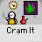 Pixel art icon showing a figure in yellow shirt holding red bong, with green cannabis leaf on purple background and clock above; text labels change from 'Cram It' to 'LEGALIZE' and 'WHAT?' across frames.