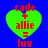 Four identical green heart-shaped icons with red text 'cade + allie = luv' on a blue background, arranged in a