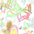 Pixelated abstract composition of pastel-colored shapes including green, pink, orange, yellow, and brown forms on white background.