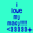 Blue text on cyan background reads "i love my macy!!!!!" with a sequence of symbols below, each symbol changing across frames.