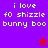 Purple background with white pixelated text reading 'i love f0 shizzle bunny boo' repeated twice, three red star symbols in different positions.