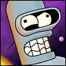 A cartoon robot with a metallic gray body, large white eyes with black pupils, and a wide grin showing cracked white teeth against a purple background.