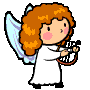 Pixelated angel with orange curly hair, light blue wings, white robe, and pink cheeks holding a harp against gray background.