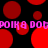 Red circular shapes on black background with repeating pink text across two horizontal bands.