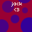 Red background with scattered blue and purple circles; white text 'jack' above '<3' in four repeated sections.