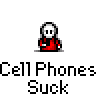 Animated contact sheet of a pixel art buddy icon featuring a red-shirted stick figure and cell phone graphics with "CellPhones Suck" text, arranged in 4x4 grid across 16 frames showing subtle animation changes.