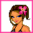 Pixel art contact sheet showing multiple frames of an animated buddy icon with a woman character, swimsuit text, and pink borders.