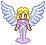 Pixelated angel icon with blonde hair, blue eyes, and light purple wings on a gray background; one frame shows green eyes.