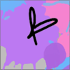 A stylized black letter 'k' on a purple, pink, and blue abstract background with irregular paint-like splatters.