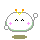 Four pixelated character states with white rounded bodies, orange-yellow antennae, pink cheek marks, and green outlines arranged in a on gray background