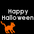 Pixelated orange cat walking left to right on black background with 'Happy Halloween' text above, gray rectangle partially obscures bottom-right.