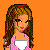 Pixelated cartoon girl in pink top and light blue jeans on orange background with text elements.