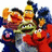 Two identical cartoon characters in red and blue outfits with orange accents, one holding a yellow object, the other displaying text.