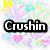 A pixelated image with the word "Crushin" in bold black letters, surrounded by pastel-colored hearts and abstract shapes on a white background.