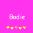 Pixelated text 'Bodie' in white on bright pink background with yellow and peach star-like shapes below.