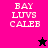 Pixelated text 'BAY LUVS CALEB' on four colored backgrounds with a black star and pink star icon.