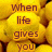 A four- shows lemons and chocolate with text reading "when life gives you LEMONS throw them BACK and ask for CHOCOLATE" in brown lettering over yellow and white backgrounds