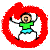 Four red circular frames contain a cartoon character in green shirt and blue shorts performing different poses.