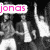 Black-and-white group photo of people with raised arms, overlaid with pink "jonas" text top-left and orange "brothers" text top-right.