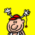 Pixelated cartoon character with red cap claps hands above head against bright yellow background, showing motion frames with hand positions and small yellow sparkles.