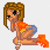 Pixelated cartoon character in bikini performing kneeling pose with flame effects on feet, two-frame animation showing slight body shift.