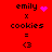 Red background displays four identical text blocks with 'emily' and 'cookies' text, each containing a 'x' and '<3' symbol, with varying purple pixel animations above 'emily' text.