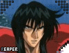 Animated pixel art of a character with long black hair and blue eyes, wearing red clothing against a blue background.
