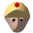 Pixelated icon of a stylized face wearing a two-toned cap with a red star emblem on top, set against a solid gray background.