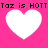 Pixelated pink background with four white hearts and black text reading "Toz is HOTTT" repeated twice.