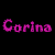 Pixelated pink text 'Corina' appears in multiple positions on a black background with a gray rectangle, accompanied by small pixel art symbols.