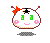 Pixelated cartoon character with white face, green eyes, pink cheeks, red bow, and antennae; left version shows full smile, right version winks with heart overlay.