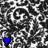 Black-and-white patterned background with blue and black heart shapes scattered across it.