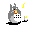 Pixelated cartoon character with gray body and white belly plays a red-and-yellow instrument while small figure dances, surrounded by yellow and green musical notes on gray background.