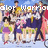 Pixelated group of figures in colorful clothing under a blue sky with white text overlay reading 'SLOP WORKIO'.
