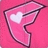 A pink triangular icon with a white heart shape inside, outlined in dark purple against a solid pink background.