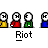 Animated contact sheet of 18 frames showing a pixel art character performing various actions with three smaller figures, labeled "Riot" beneath each frame.