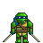 Pixel art character with green skin, blue headband, brown straps, yellow chest armor, and dual katanas on gray background.