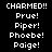 Pixelated text displays 'CHARMED!!' followed by character names with a purple highlight shifting across on black background
