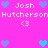 Pixelated pink background with repeated text and heart symbols in blue tones, arranged symmetrically across the frame.