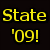 Yellow pixelated text 'State' above ''09!' on a black background with no visible motion.