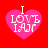 Four identical pink heart-shaped icons with white text "I LOVE IAJR" on a red background, arranged in a