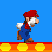 Pixelated Mario character in red cap, blue overalls, white gloves, and brown shoes running across a yellow-and-orange striped platform on a solid blue background.