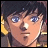 Pixelated anime-style character with dark hair and blue eyes, next to stylized text on a black background.