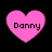 Four pink heart-shaped icons with the text 'Danny' in black pixelated font, arranged in a on a black background