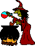 A witch in a red robe and pointed hat pours liquid from a blue-and-red flask into a black cauldron over a fire, shown across with changing flask positions