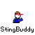 Pixel art character in blue shirt and red cap with white face, interacting with yellow bees on gray background; text "StingBuddy" below each frame.