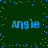 Four instances of the word 'Angie' in blue pixelated text arranged on a dark green background with scattered light blue dots.