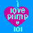 Four identical pixelated heart-shaped icons with 'I love pimmp' text and a small heart symbol, displayed on blue background.