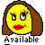 Pixelated yellow emoji face with brown shoulder-length hair, red lips, and one eye winking, set against a gray background with 'Available' text below.