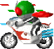 Pixelated animated contact sheet showing a character on a motorcycle with green helmet and red accents in two sequential frames.